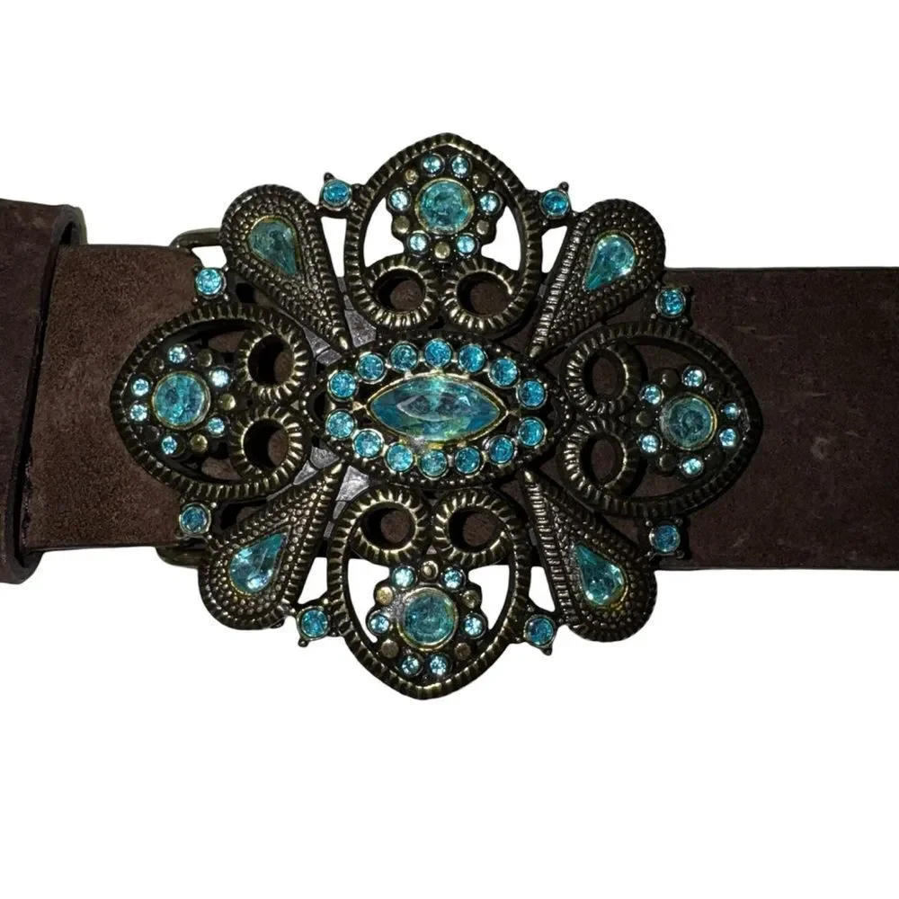 Lane Bryant Brown Genuine Leather Belt with Turquoise Floral Concho Buckle 18/20